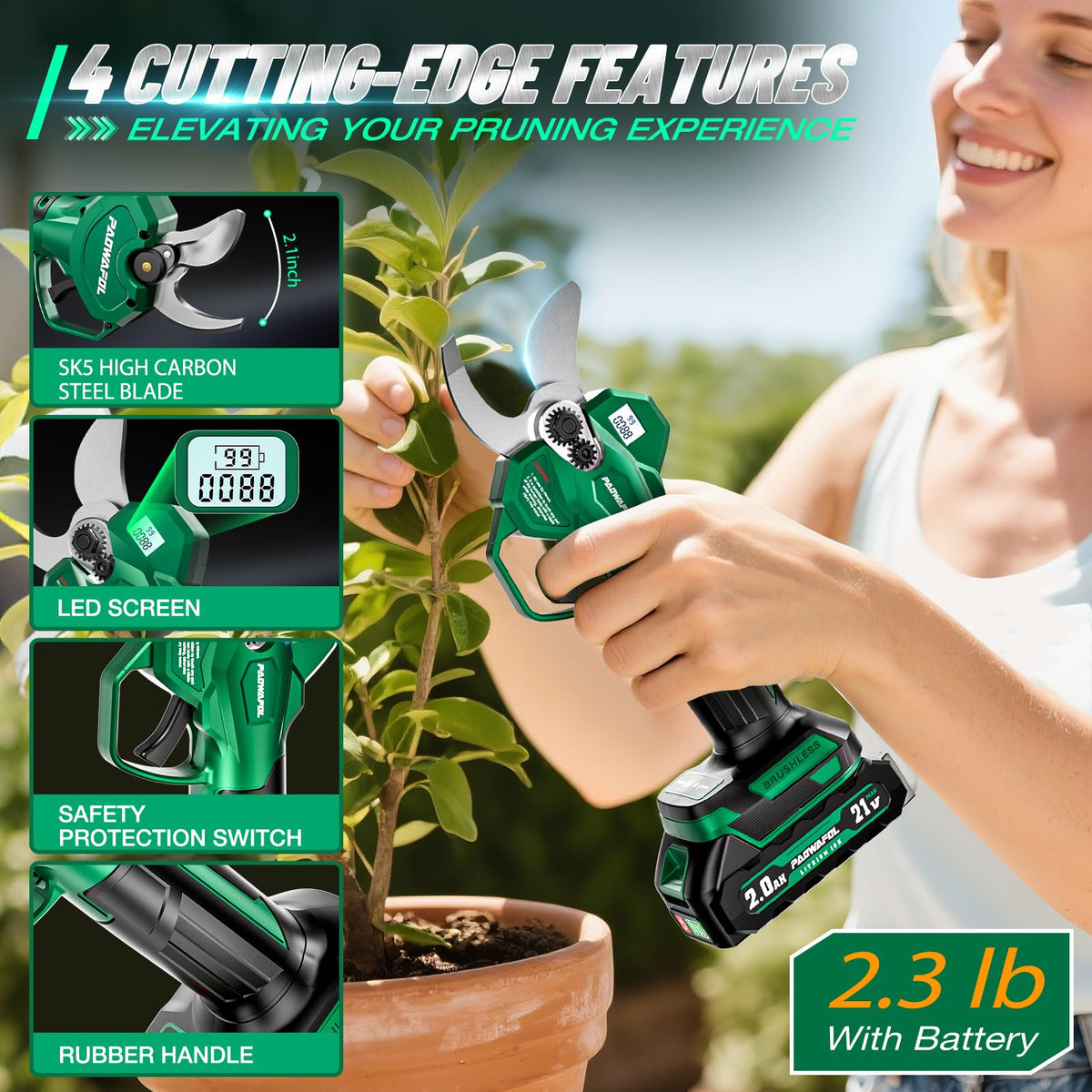 PAOWAFOL electric pruner with two batteries and charger for uninterrupted work
