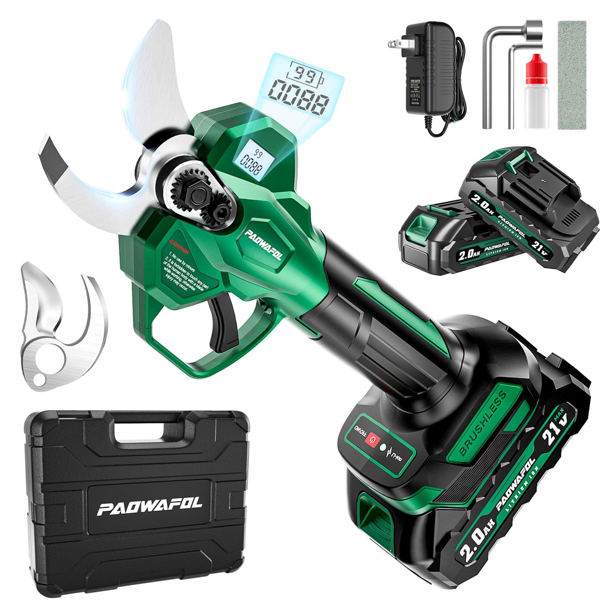 PAOWAFOL electric pruning shears blade close-up showing sharp SK5 edge for clean cuts