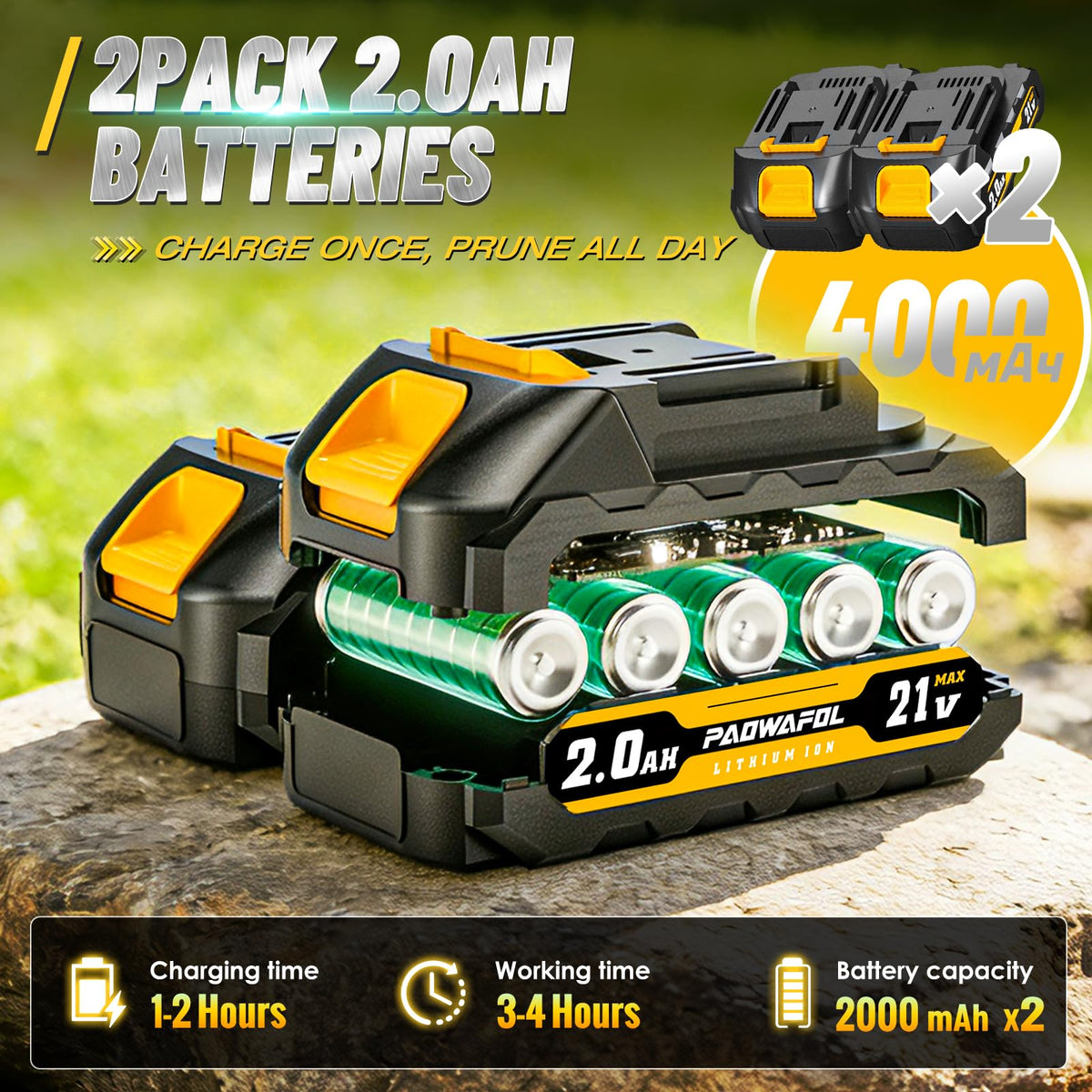 Two PAOWAFOL 21V 2000mAh batteries charging for extended use