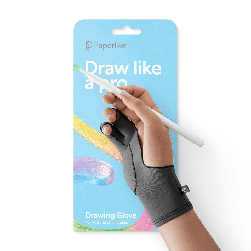 Paperlike drawing glove for iPad, left hand, reduces smudges while preserving touch control.