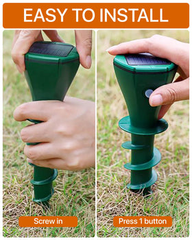 Parquet solar stake installed in garden provides eco-friendly pest deterrence.