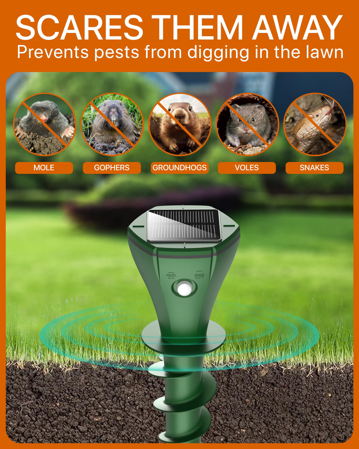 Parquet pest repeller stake with solar panel ensures maintenance-free operation outdoors.