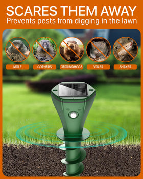 Parquet pest repeller stake with solar panel ensures maintenance-free operation outdoors.