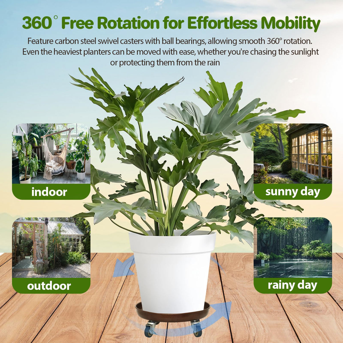 Parsagi locking brakes on each wheel keep plants securely in place.