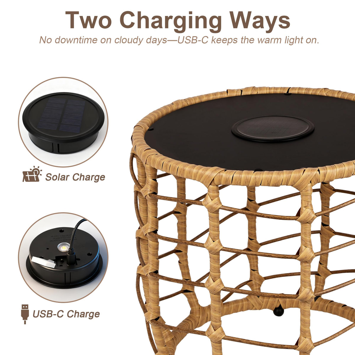 PARTPHONER Boho solar outdoor side table nesting large demonstrates two tiers.