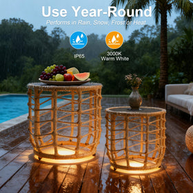 PARTPHONER Boho solar outdoor side table nesting small paired with the larger.