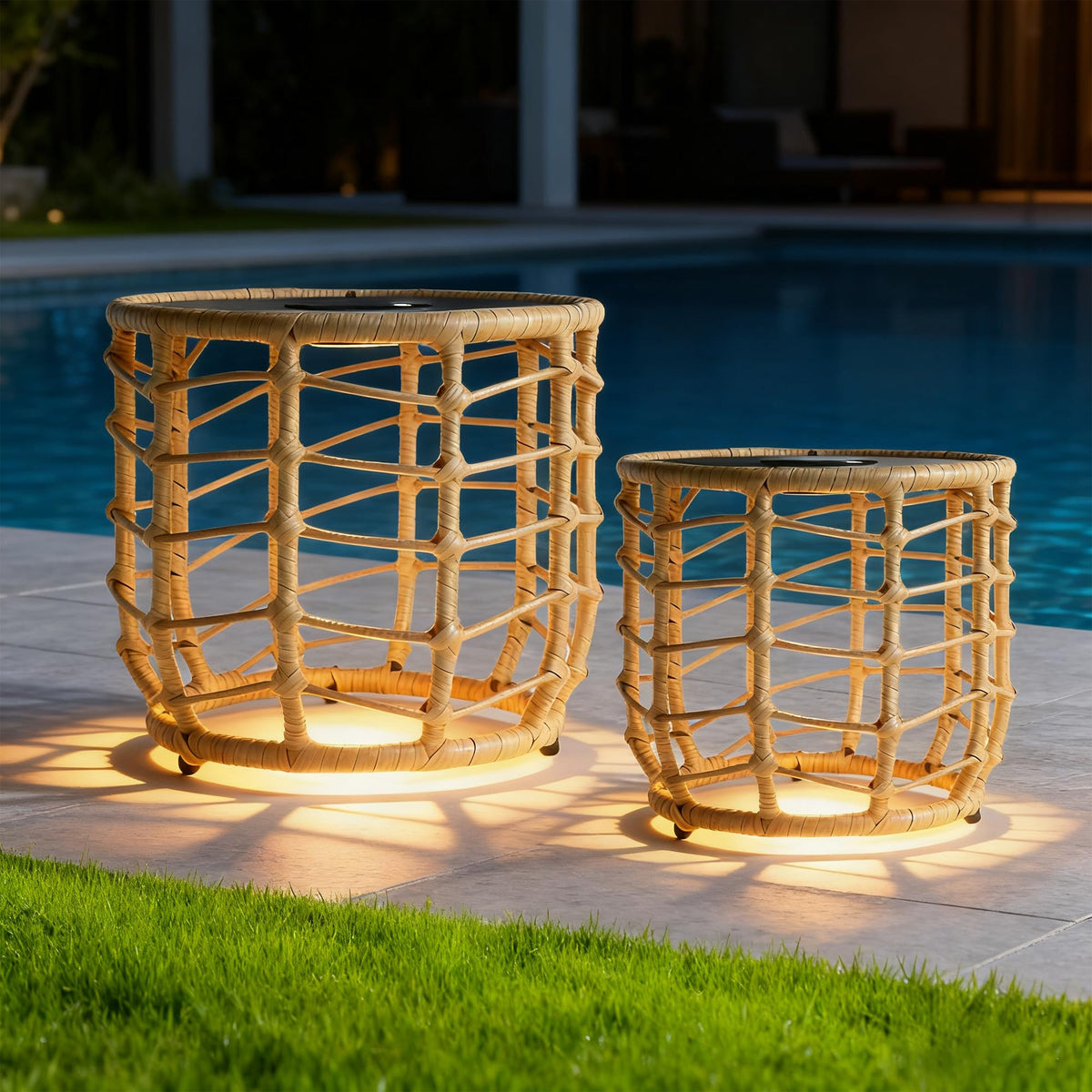 PARTPHONER Boho solar outdoor side table setup shows all-weather wicker in natural brown.