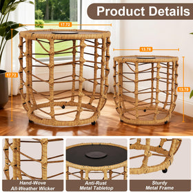 PARTPHONER Boho solar outdoor side table weave closeup highlights waterproof weave.