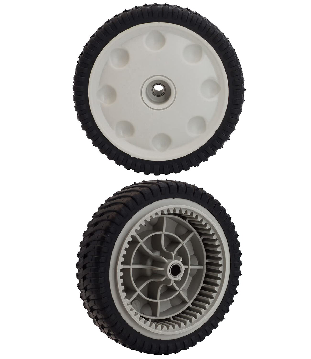 Parts Camp front drive wheel set, front view, ideal for quick replacement on compatible MTD and Troy-Bilt mowers.