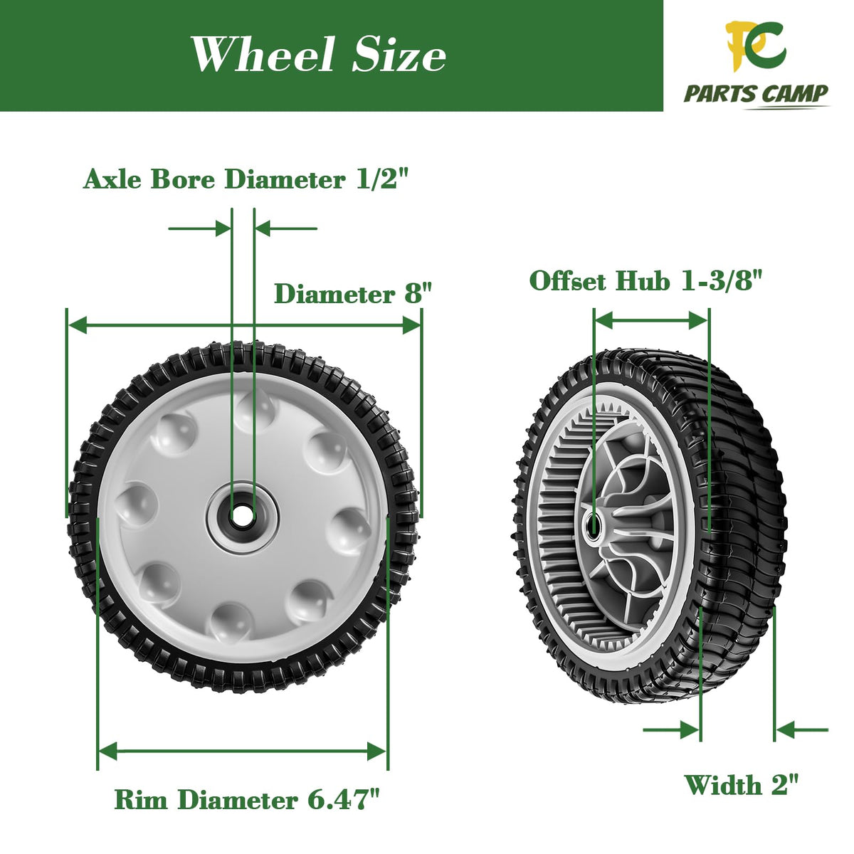 Parts Camp wheel side view highlights sturdy construction for durable lawn mower use.