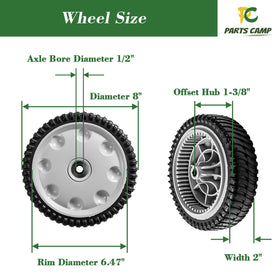 Parts Camp wheel side view highlights sturdy construction for durable lawn mower use.