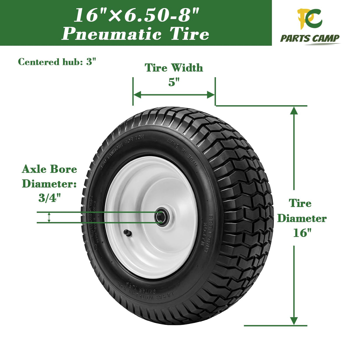 Parts Camp tire with rim front view showing fitment and stability