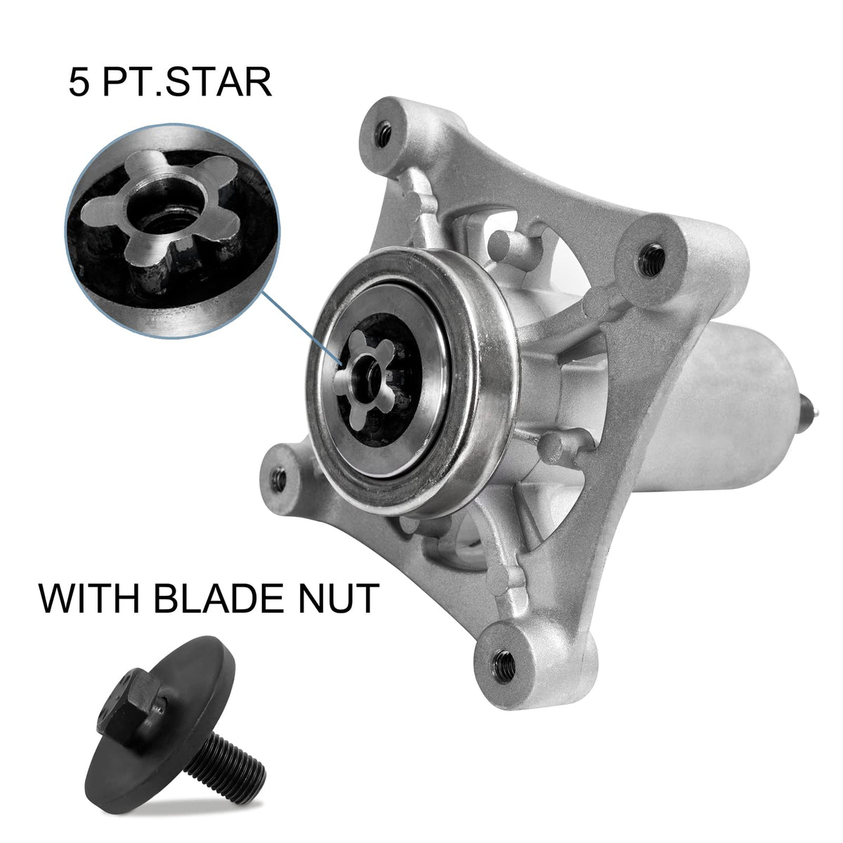 Parts Camp Poulan-compatible spindle supports multiple brands with 4-bolt mounting.