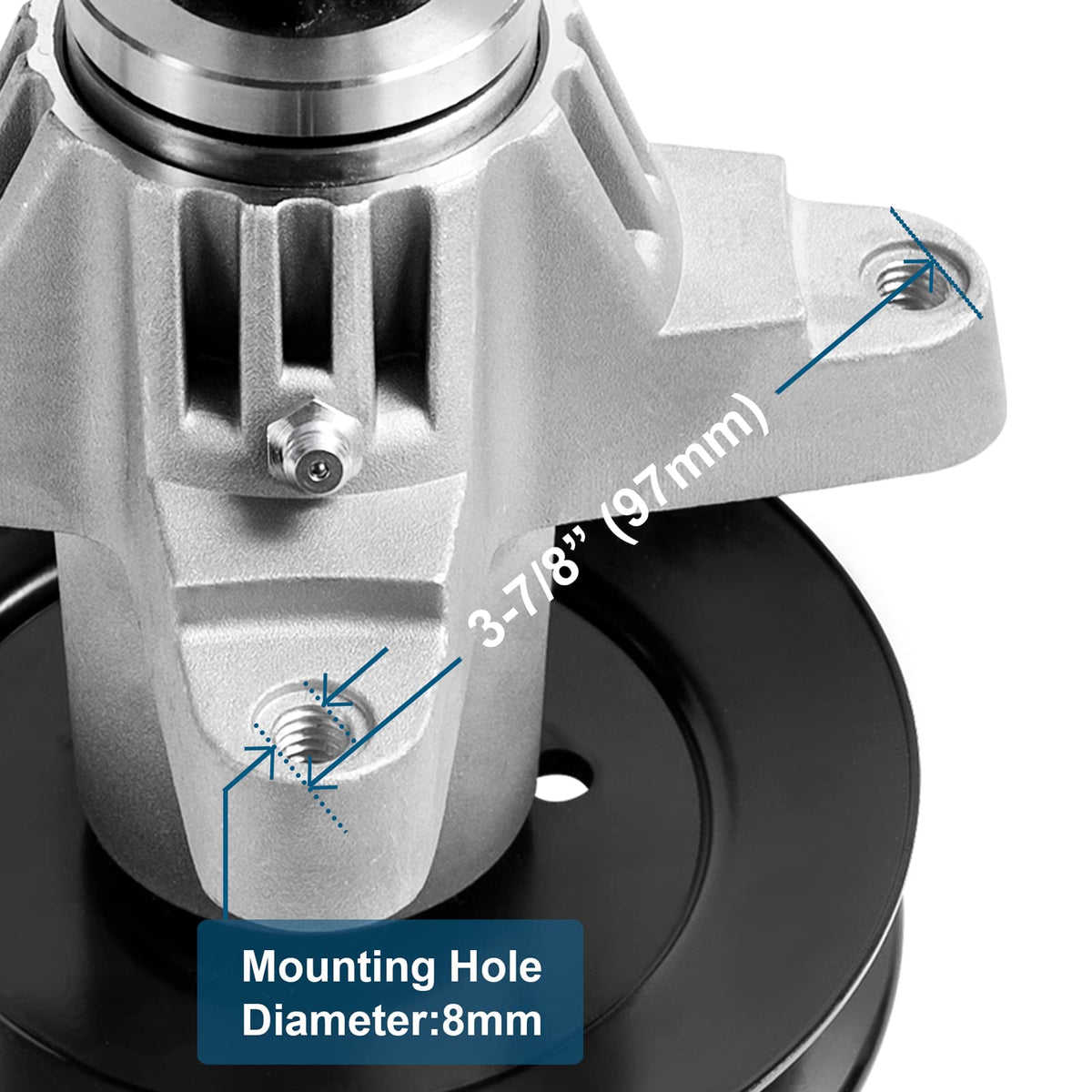 Parts Camp spindle assembly supports mower longevity with greaseable bearings.