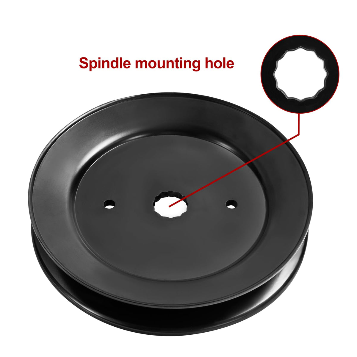 Parts Camp spindle pulley on Husqvarna deck illustrating 48-inch compatibility