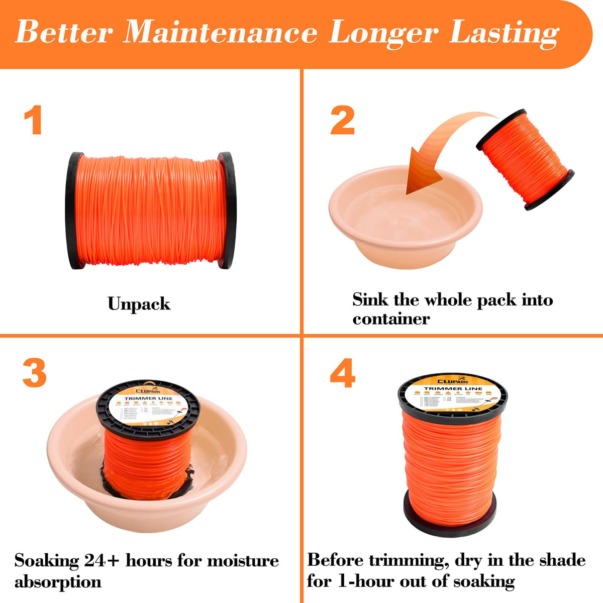 Parts Camp trimmer line 095 orange round bright color improves visibility during trimming.
