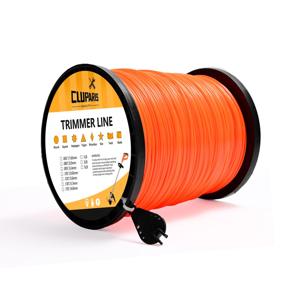 Parts Camp trimmer line 095 orange round spool closeup, durable yard trimming.