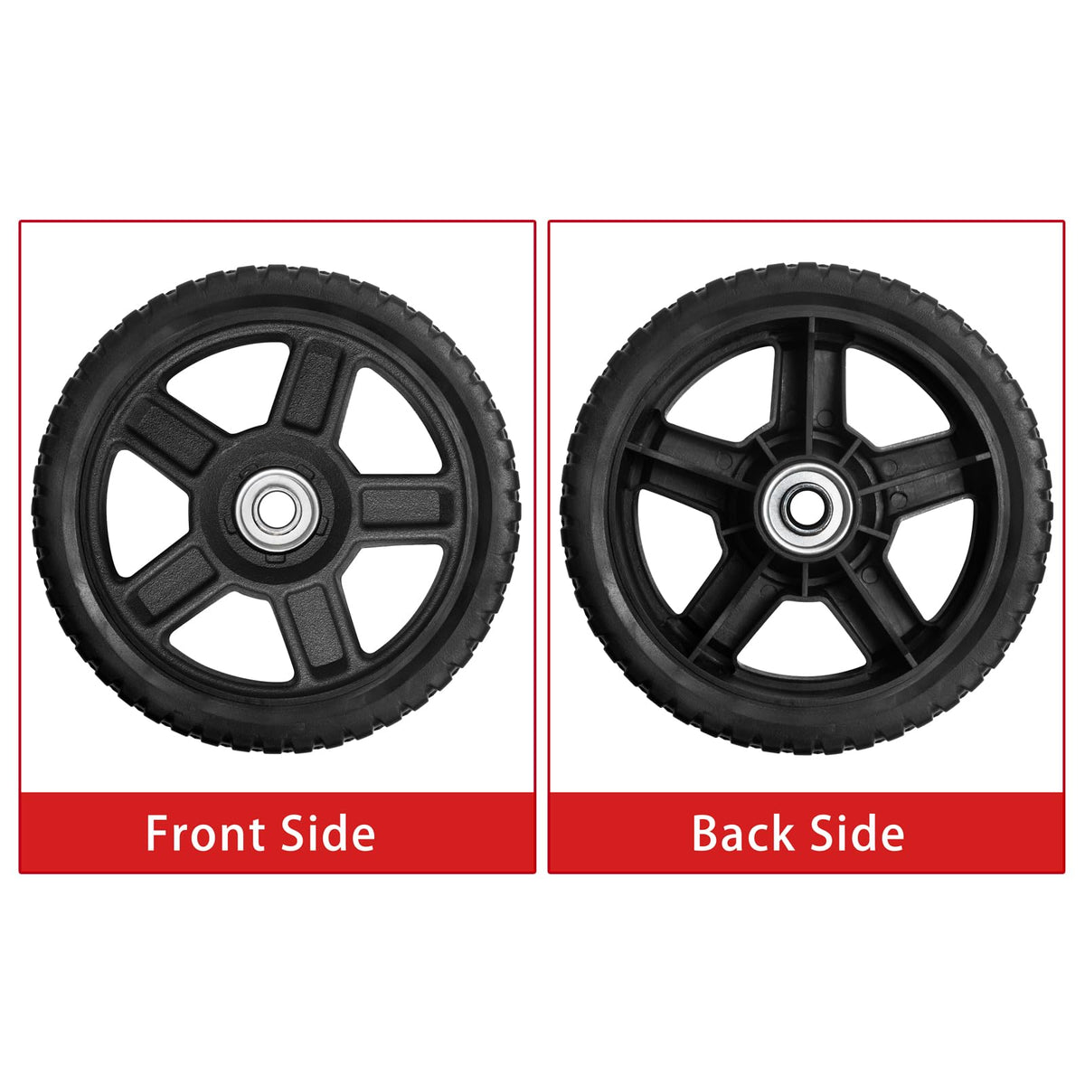 Parts Camp wheel 6in width 1-1/2in for stable mowing on uneven terrain.