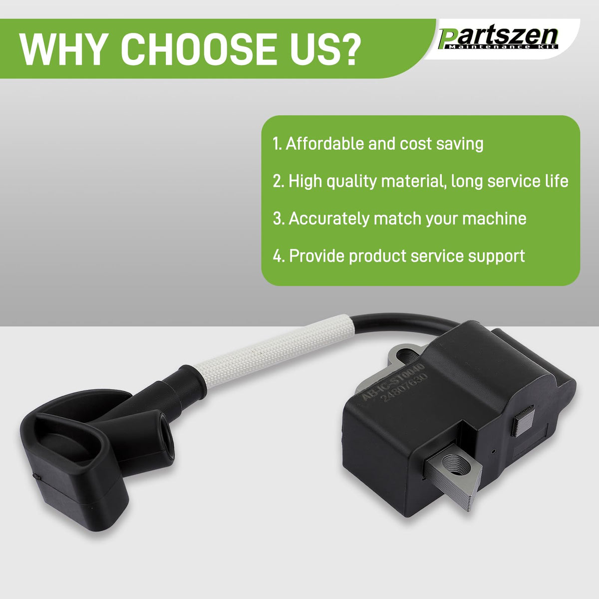 Partszen ignition coil module packaging image highlights aftermarket quality and direct replacement fit.