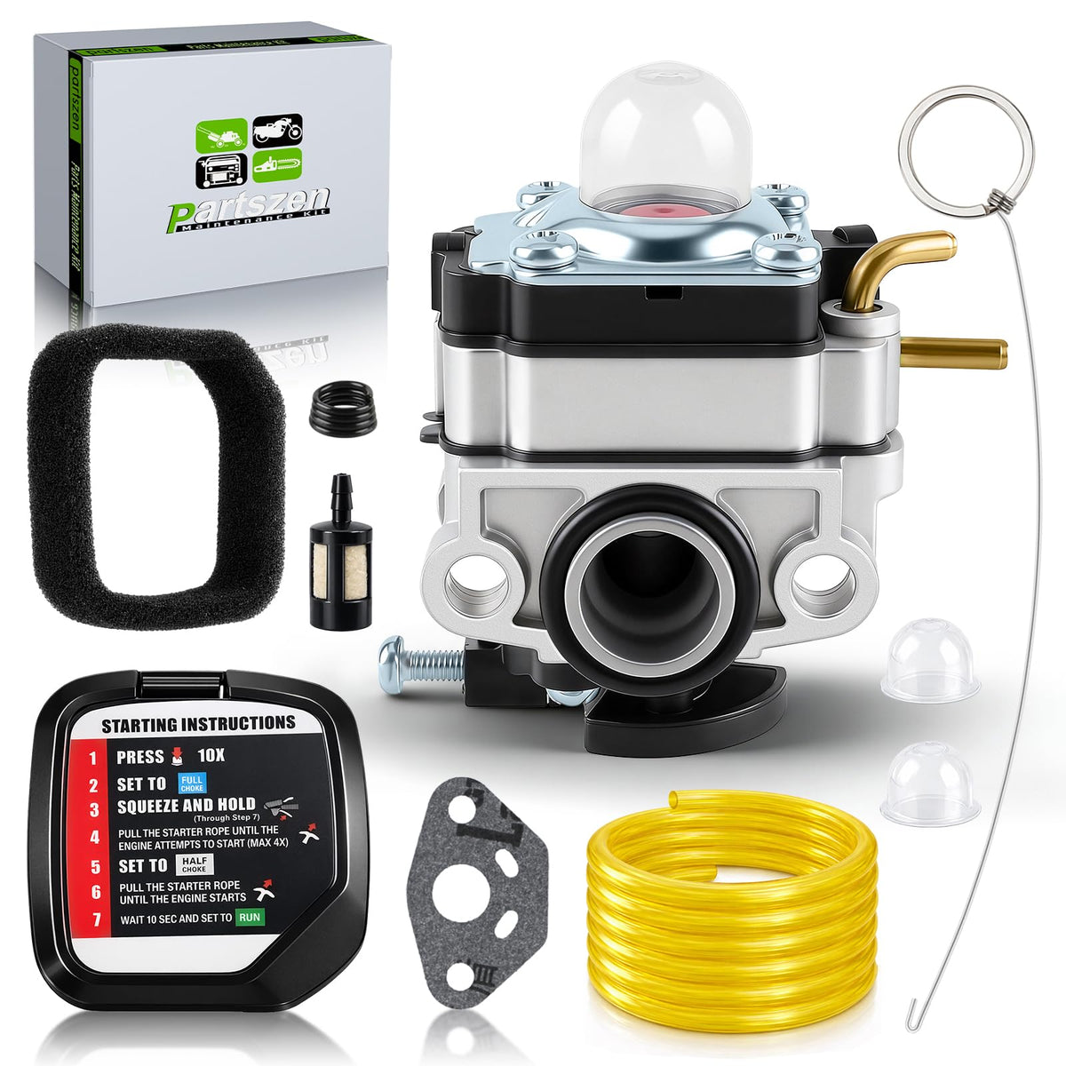 partszen UT33600 carburetor package contents for Homelite trimmers, ready for repair.