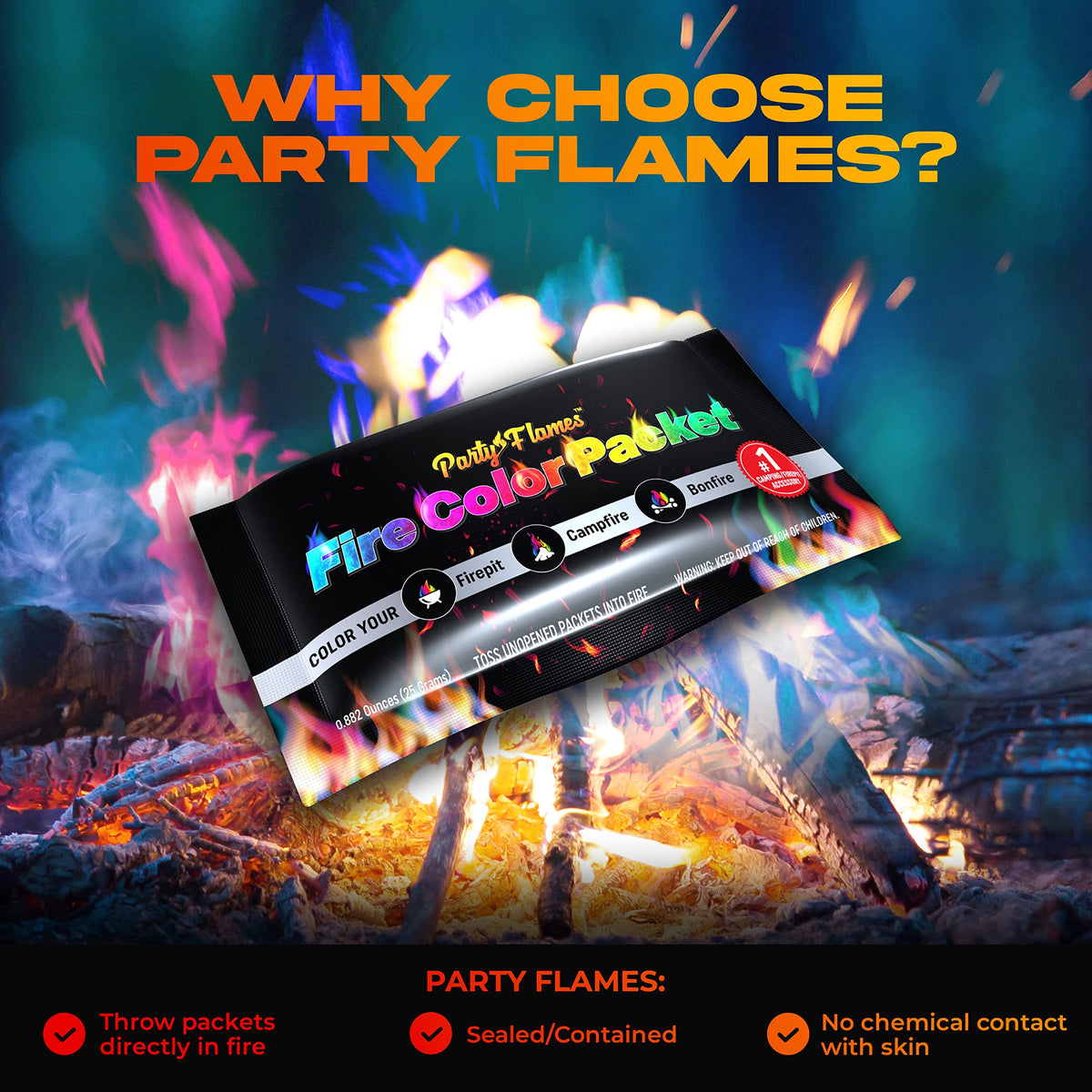Party Flames 10-pack color packets ready to light for instant color show.