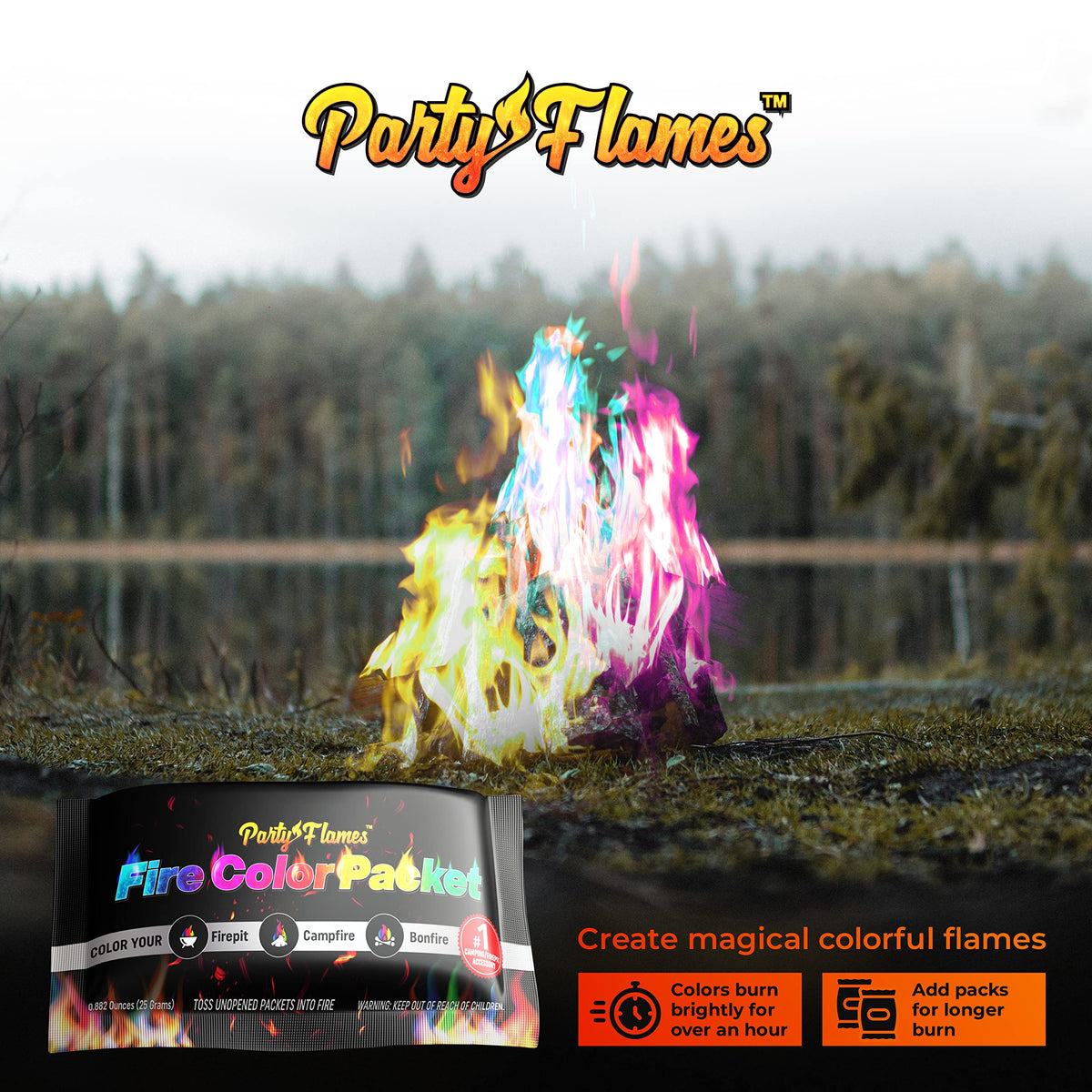 Party Flames easy-to-use fire color packets produce vibrant color in seconds.