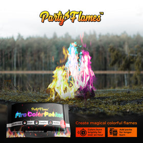 Party Flames easy-to-use fire color packets produce vibrant color in seconds.