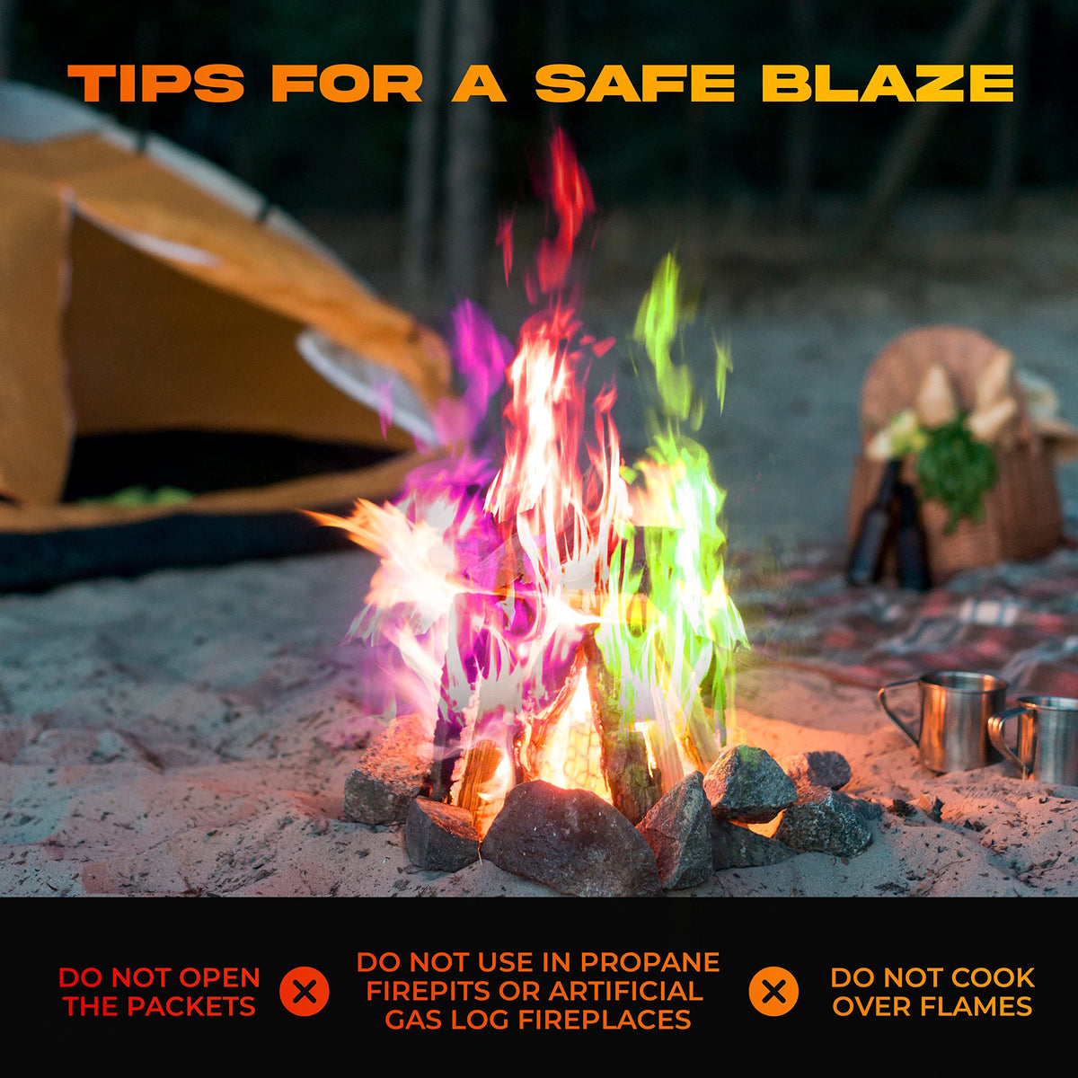 Party Flames indoor and outdoor fireplace use with proper ventilation for colorful ambiance.