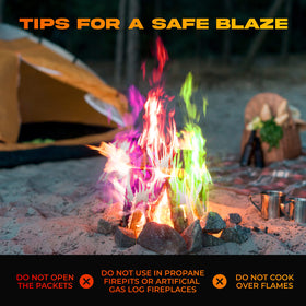 Party Flames indoor and outdoor fireplace use with proper ventilation for colorful ambiance.