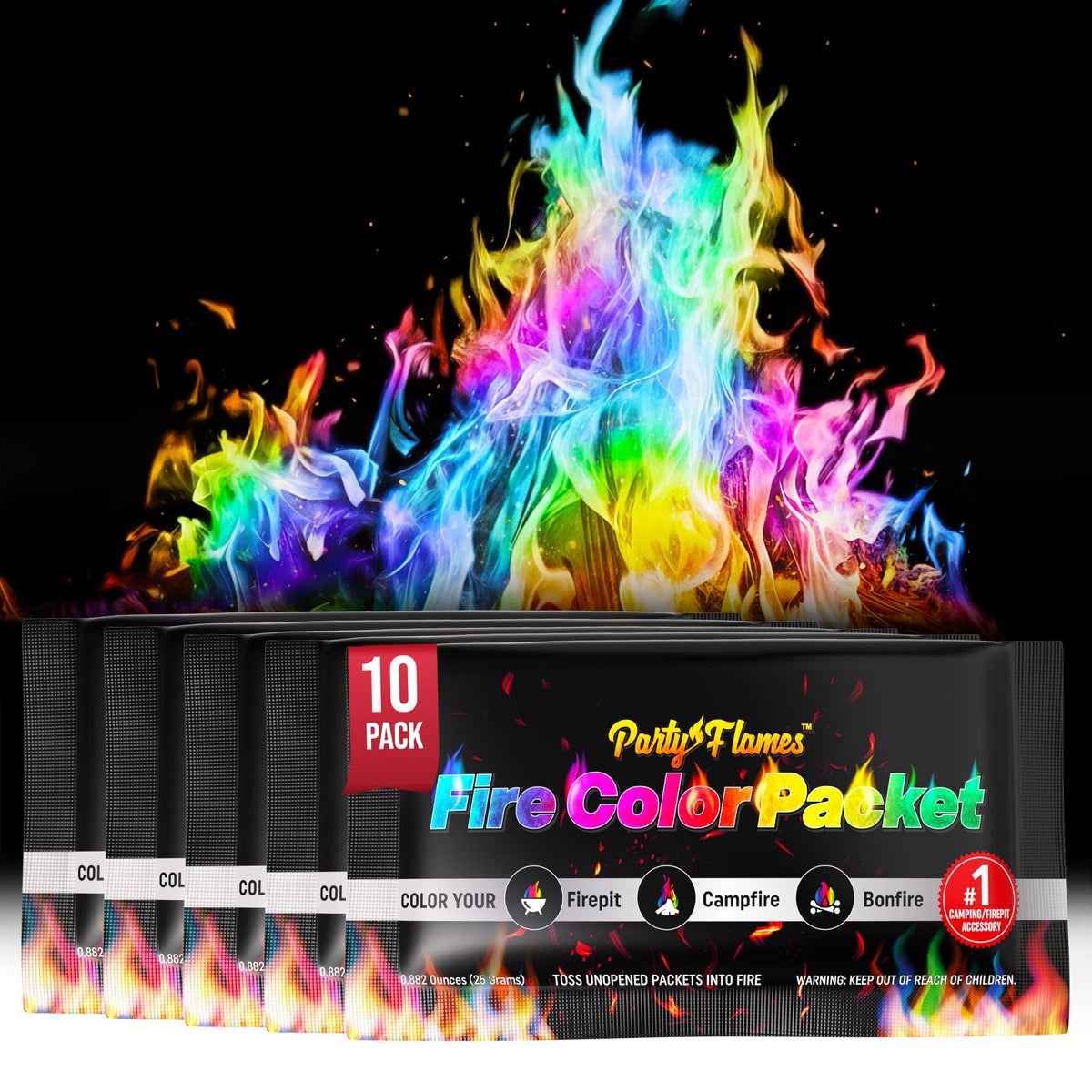 Party Flames magic campfire packets create colorful rainbow flames at your outdoor fire pit.