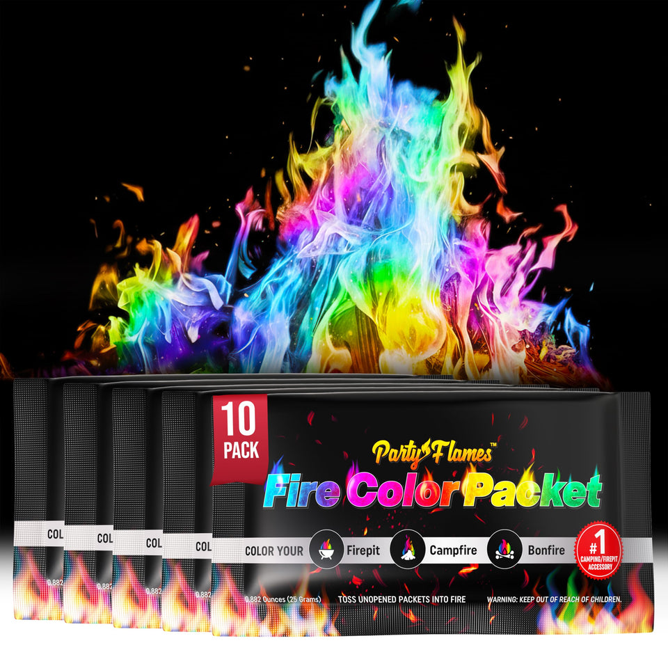 Party Flames magic campfire packets create colorful rainbow flames at your outdoor fire pit.