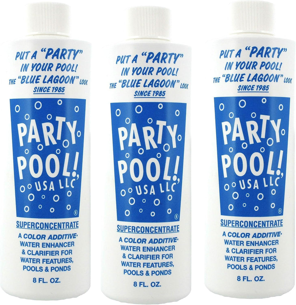Party Pool Blue Lagoon bottle pouring color into pool for vibrant, non-staining hue.