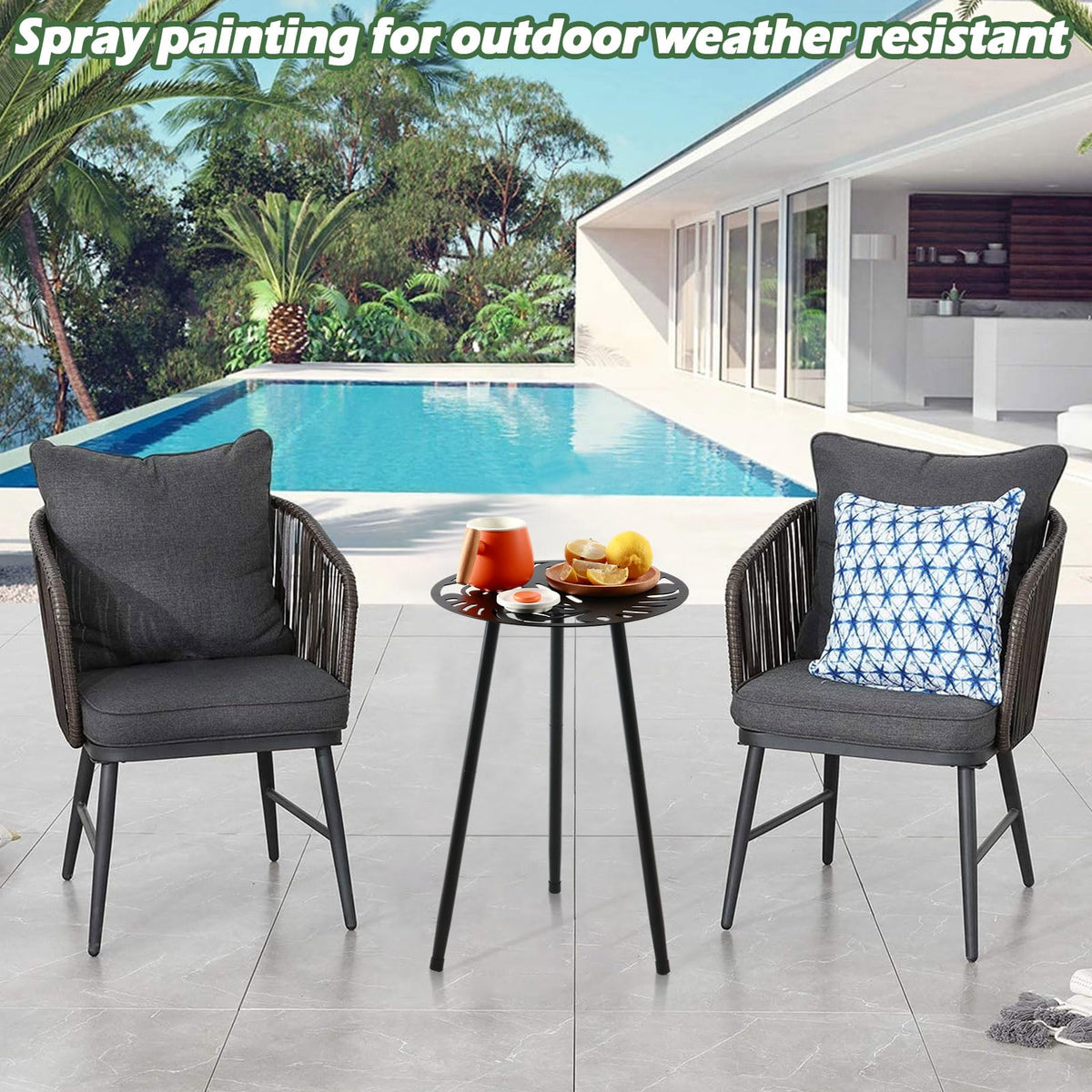 Party Zealot monstera leaf side table, chic end table beside seating in a patio setting.
