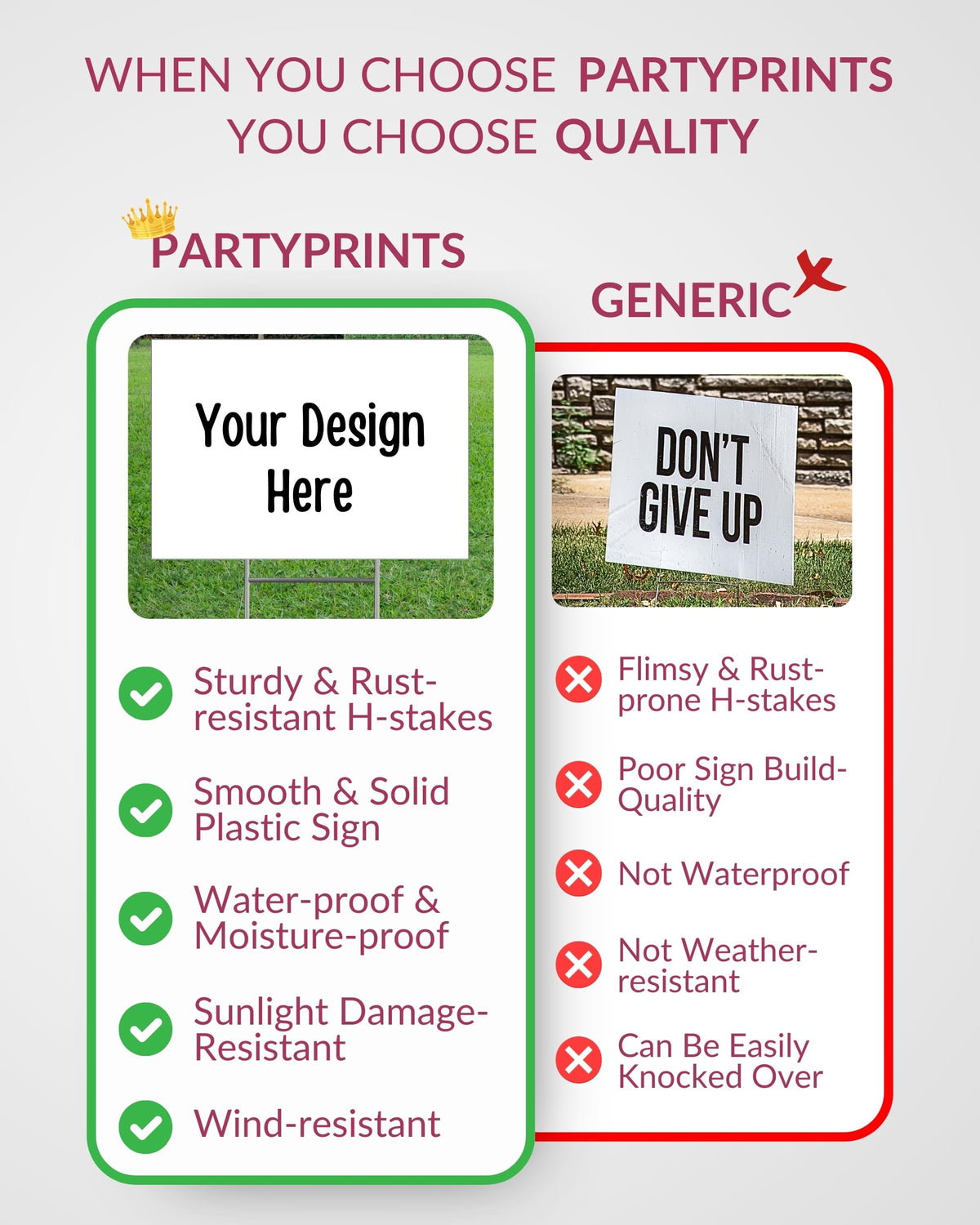 PartyPrints 10-pack bundle includes sturdy boards and long stakes for versatile signage.