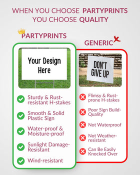 PartyPrints 10-pack bundle includes sturdy boards and long stakes for versatile signage.