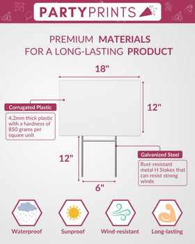 PartyPrints metal H-stakes provide rust-resistant support for durable outdoor displays.