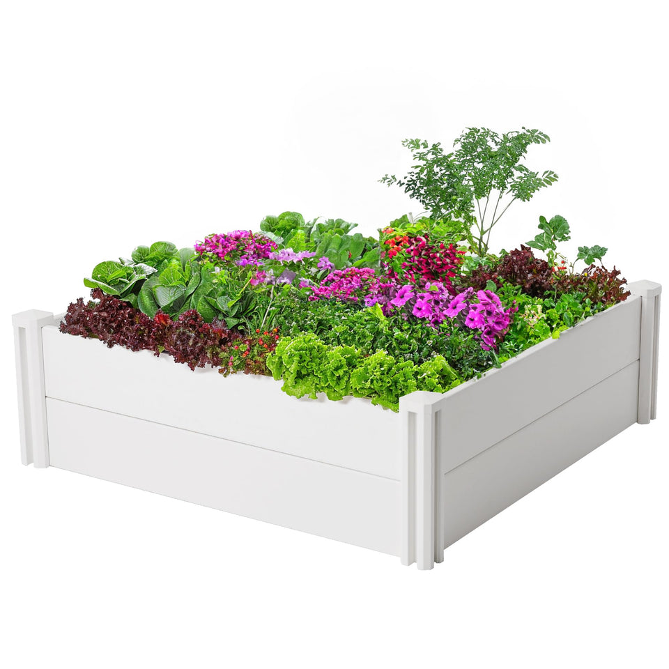 PASAMIC 4x4x1ft vinyl raised bed shows tool-free assembly for quick setup.