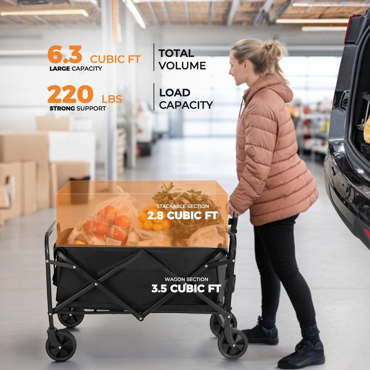 PASAMIC collapsible wagon side view highlighting spacious 100L capacity