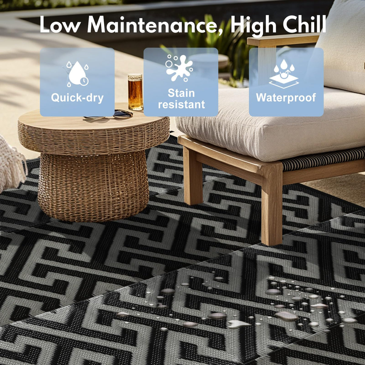 Pasamic easy-clean outdoor rug ready to rinse or wipe after outdoor adventures.