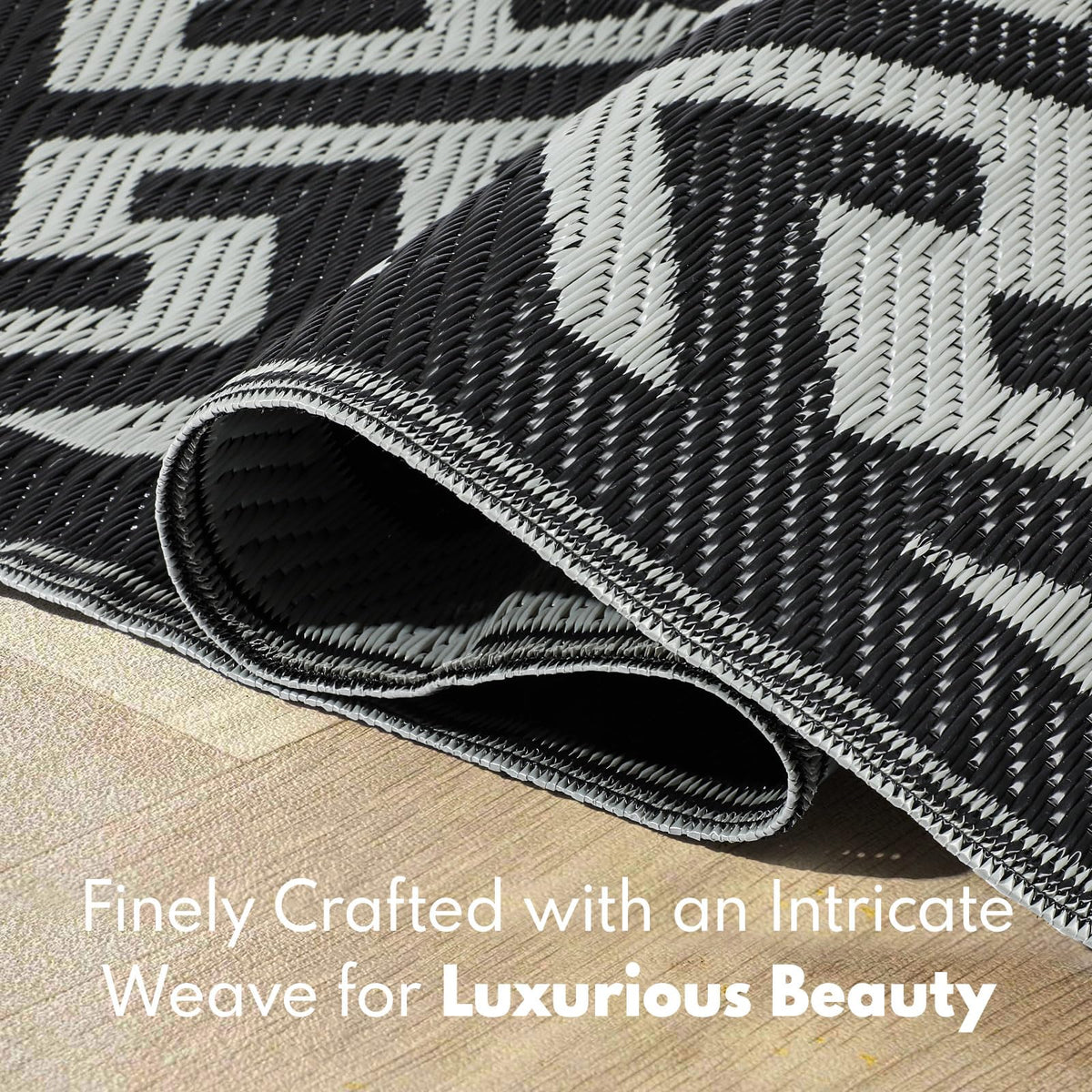 Pasamic rugged outdoor rug suitable for decks, balconies, and RV setups.