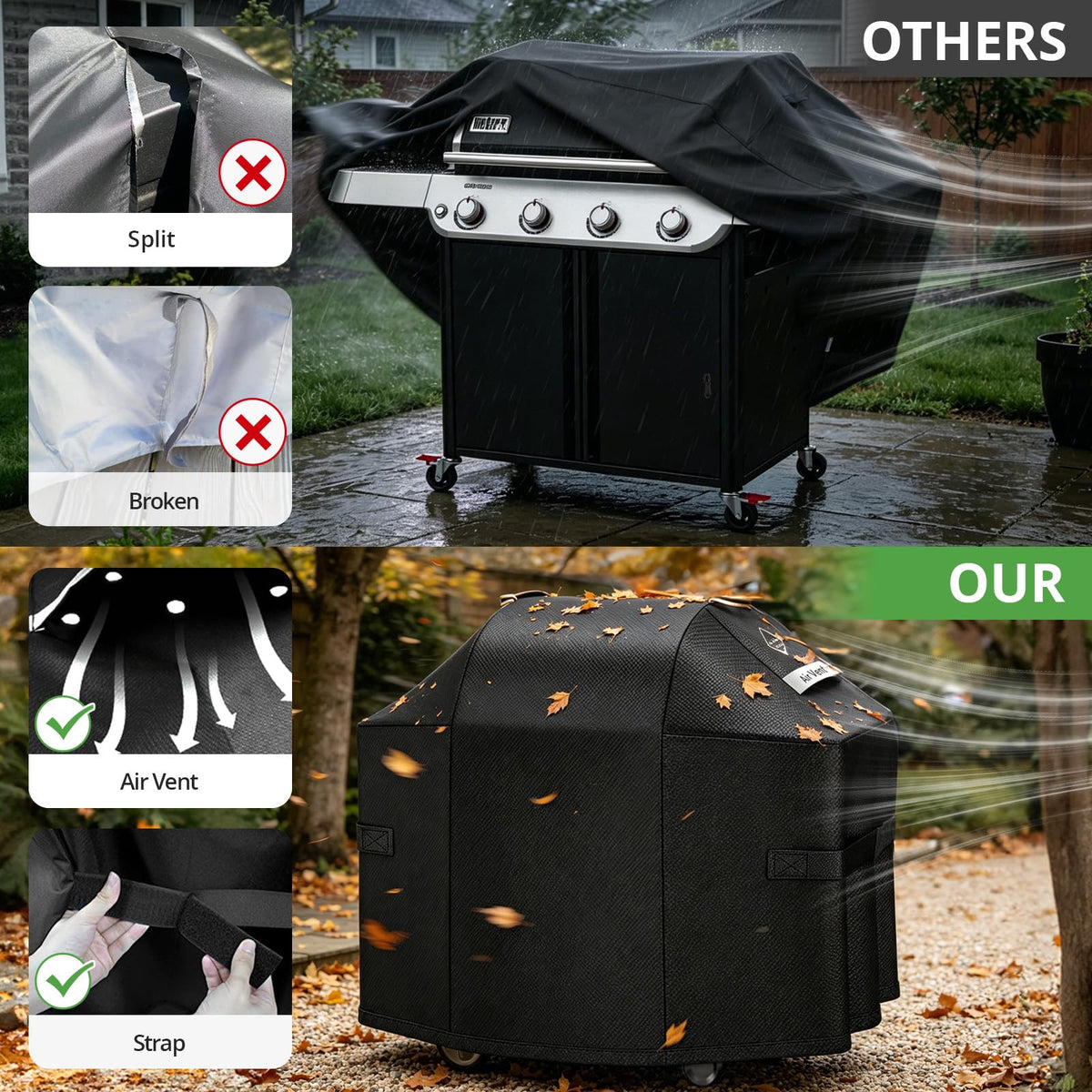 Integrated air vent and padded handles enable easy on/off and moisture control