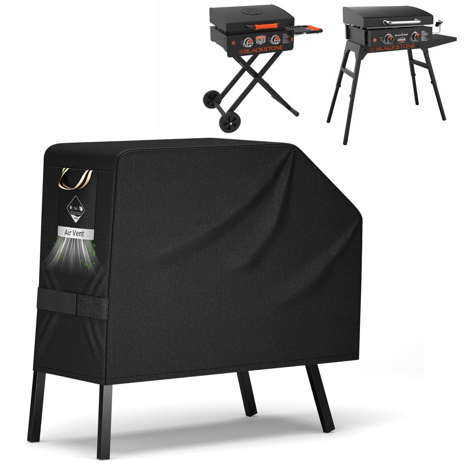 PasWith griddle cover on Blackstone 22 inch with hood shields against rain and sun