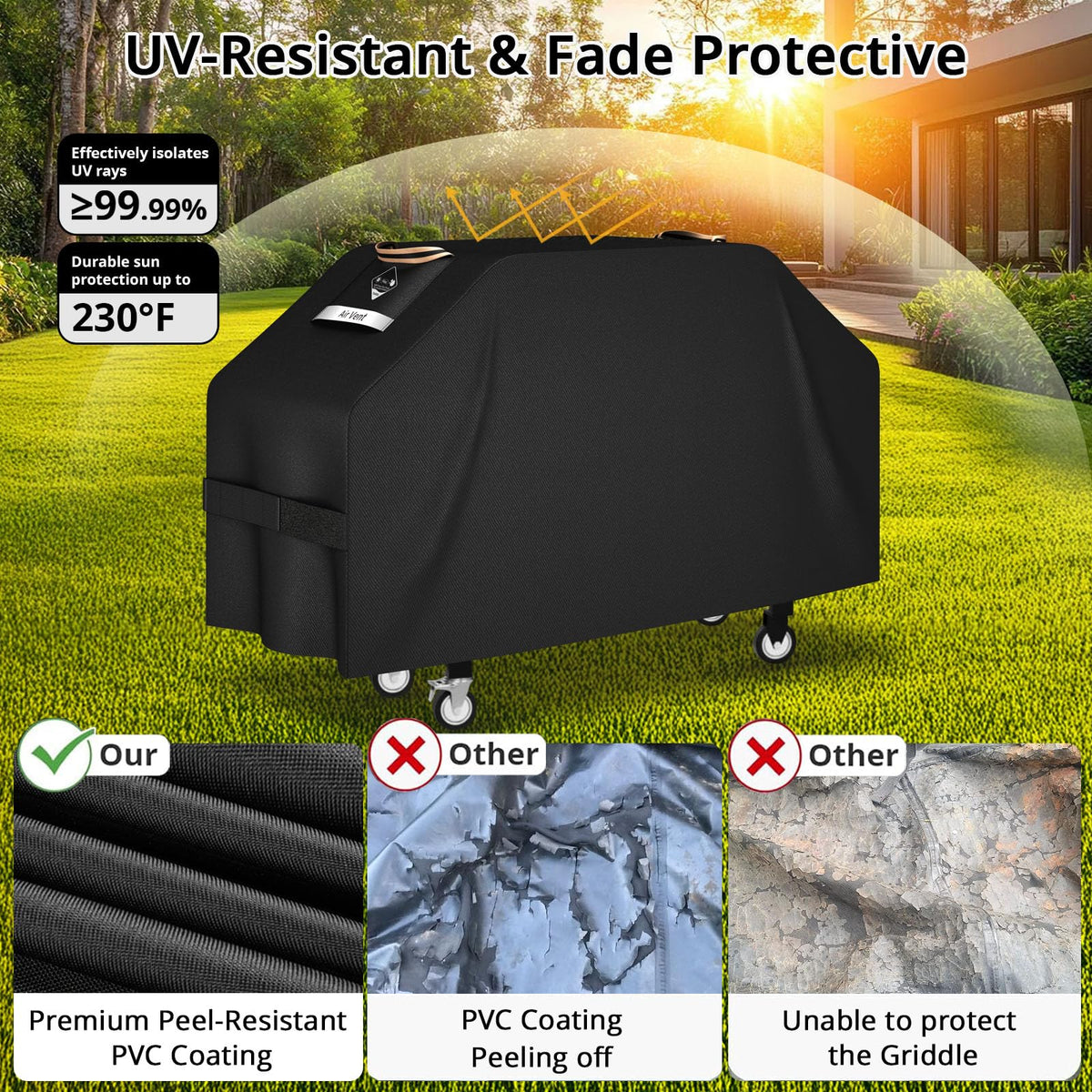 PasWith windproof design with adjustable straps on the griddle cover.