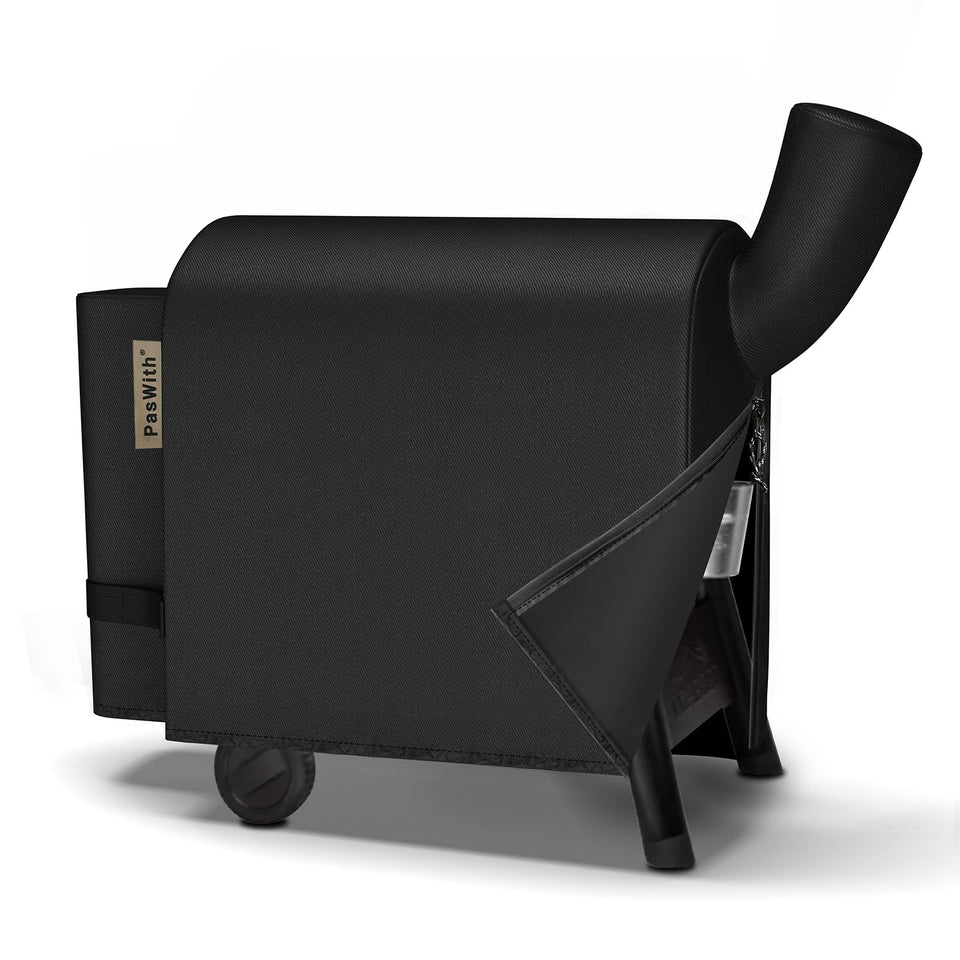 PasWith pellet smoker cover dimension shows precise fit for Traeger Pro 34 and similar grills.