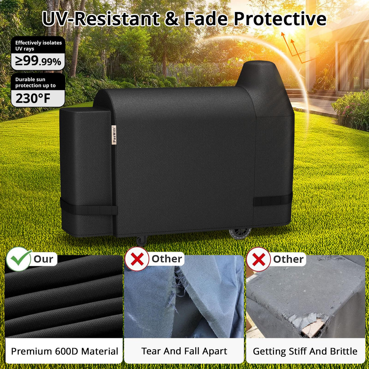 PasWith UV-resistant fabric guards against sun fading on outdoor grills.