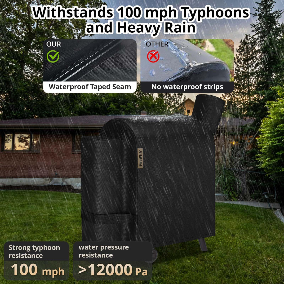 PasWith waterproof dual-layer fabric keeps your grill dry.