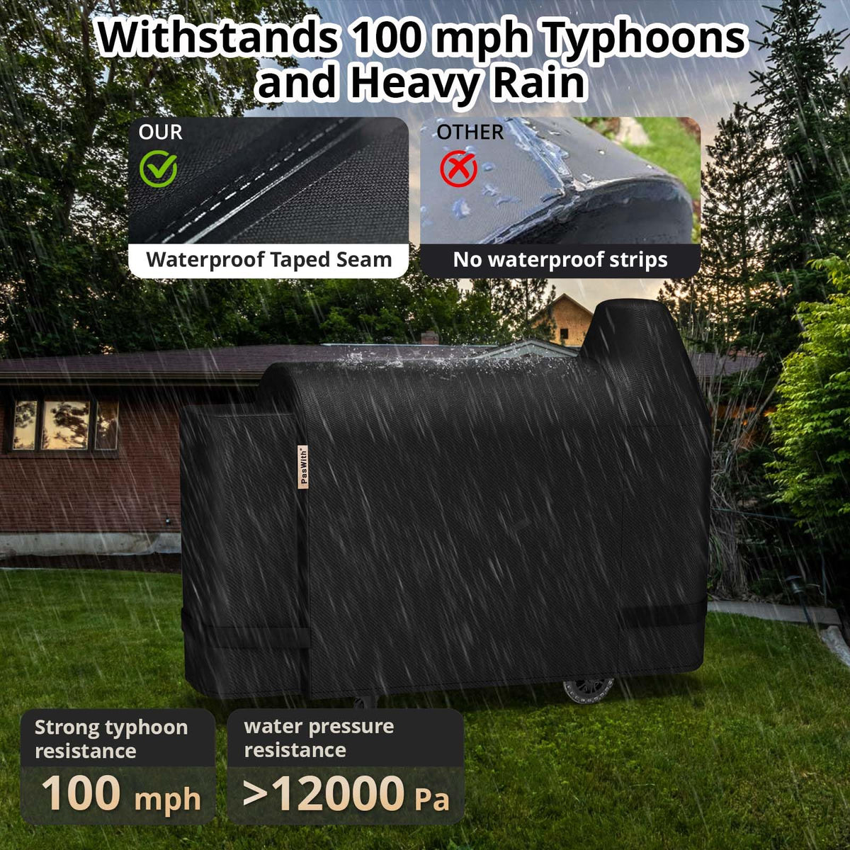 PasWith waterproof sealed seams shield the grill from rain and dust year-round.