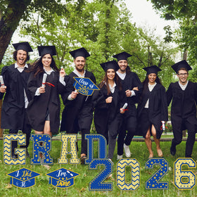 PATIAI blue gold grad signs for vibrant and celebratory lawn decor.