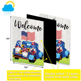 Pating 12x18 inch gnome flag showcases vibrant seasonal scenes outdoors.