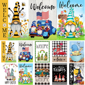 Pating gnome garden flag double-sided display enhances yard charm.